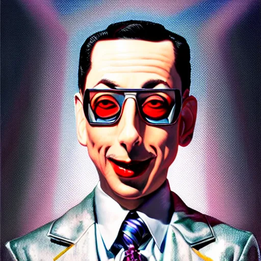 Prompt: Portrait of pee-wee herman as a chrome cyborg, highly detailed, digital painting, artstation, concept art, illustration, dramatic lighting, art by hajime sorayama