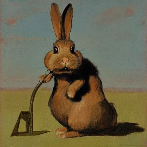 Prompt: a rabbit using a metal detector, in the style of ilya repin