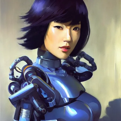 Image similar to greg manchess portrait painting of motoko kusanagi showing cybernetic parts of her body, medium shot, asymmetrical, profile picture, organic painting, sunny day, matte painting, bold shapes, hard edges, street art, trending on artstation, by huang guangjian and gil elvgren and sachin teng