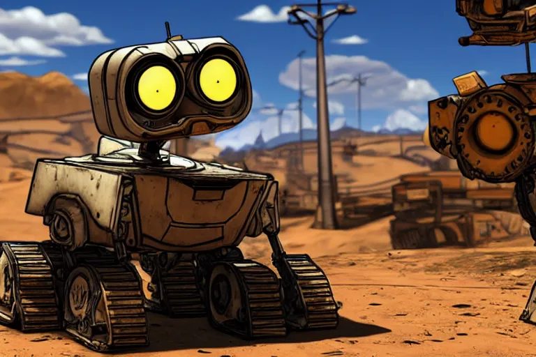 Image similar to wall - e in borderlands style game, heavy detailed, ultra high definition quality, borderlands game engine graphics