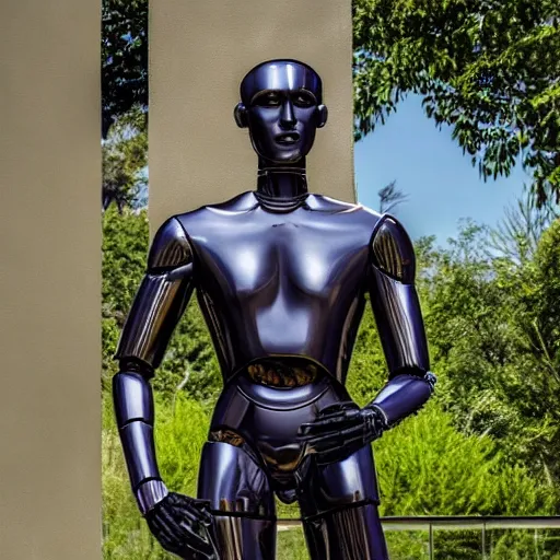 Image similar to a realistic detailed photo of a guy who is an attractive humanoid who is half robot and half humanoid, who is a male android, french presenter cyril gossbo, shiny skin, posing like a statue, blank stare, by the pool, on display, showing off his muscles, humanoid robot, frozen ice statue