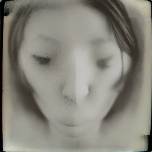 Image similar to a liquid porcelain portrait of a girl face melt down, realistic detailed photography polaroid