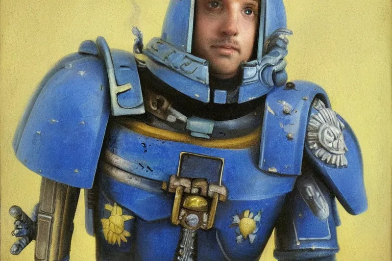 Prompt: a portrait of a Budgie as a Space Marine from the Warhammer 40k, ultramarine space marine Budgie, blue armor, glorious, masterpiece painting by Rembrandt, shoulderpad with omega white symbol