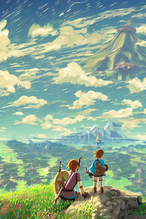 Prompt: skyline, Details, illustration , in the style of Studio ghibli, breath of the wild, myazaki, anime, clean render, denoise, rule of thirds