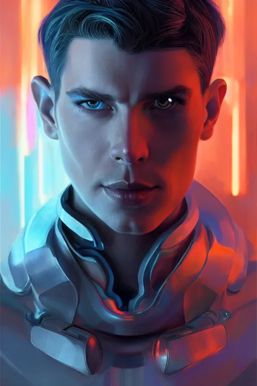 Prompt: a hanson elegant european male cyborg with mechanical neck and arm, blue eyes, long hair from the future, blade runner 2 0 4 9, unreal engine, hyperdetailed, digital painting, concept art, sharp focus, art by artgerm and greg rutkowski,