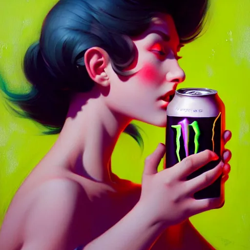 Image similar to girl drinks monster energy, organic painting, matte painting, bold shapes, hard edges, street art, trending on artstation, by huang guangjian and gil elvgren and sachin teng