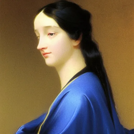 Image similar to a young woman's face, her hair is white and she wears an indigo blue satin cloak, by ivan aivazovsky and syd mead and moebius and gaston bussiere and roger dean and pieter claesz and paul delaroche and alma tadema and aelbert cuyp and jan heem, hyperrealistic, volumetric light, octane render