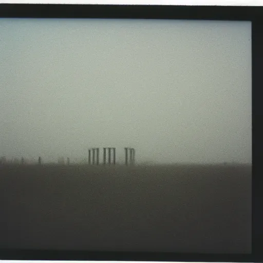 Image similar to impossibly large concrete structure in the distance, middle of nowhere, minimalist architecture, megalophobia, top obscured by fog, old polaroid, expired film,