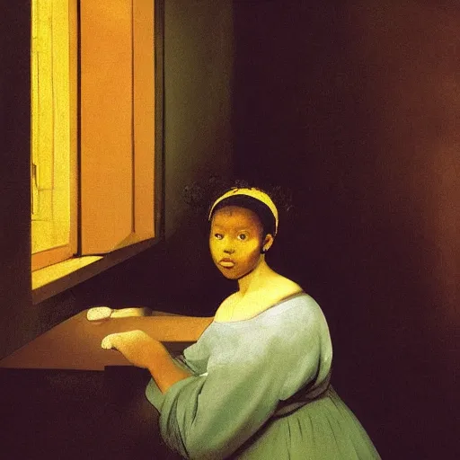 Prompt: a black girl in a gold haunted liminal room, digital painting by goya and balthus, colors by pontormo, lights by hopper, extreme detail, liminal aesthetic, background art nouveau,