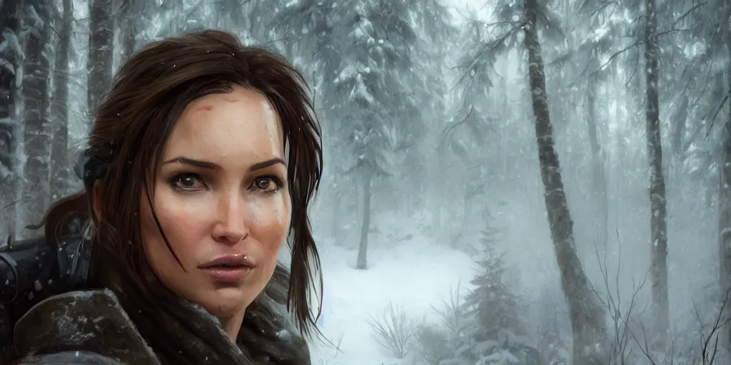 Image similar to close up portrait of lara croft chilling at the winter forest, realistic digital art 4 k, high quality, greg rutkowski, zabrocki, karlkka, jayison devadas, phuoc quan, trending on artstation, 8 k, ultra wide angle, zenith view, pincushion lens effect