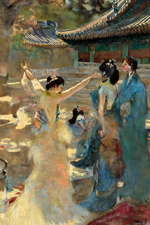 Prompt: ancient chinese palace, painting by gaston bussiere, craig mullins, j. c. leyendecker, edgar degas