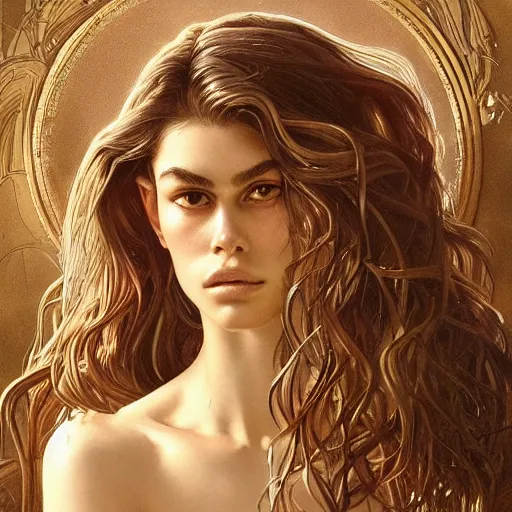 Prompt: Kaia Gerber as Medusa, frowning, scowl, snakes for hair, intricate, elegant, highly detailed, digital painting, artstation, concept art, smooth, sharp focus, illustration, art by artgerm and greg rutkowski and alphonse mucha