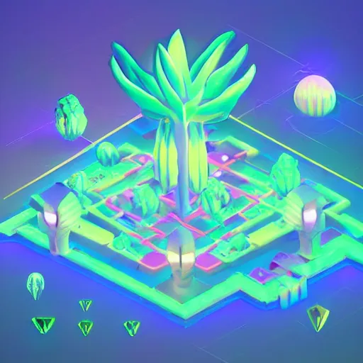 Prompt: mobile game asset, isometric staircase, crystals, organic isometric design, bioluminescent alien - like plants inspired by the pandora aesthetic avatar's alien nature. we can see alien plants glowing in the dark arround the isometric itens in dark place cyan, orange smooth glow night photoshop filter low poly behance hd