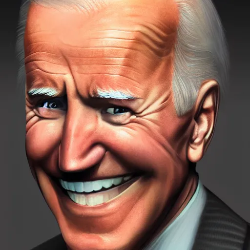 Image similar to joe biden grinning glowing eyes backlit, 8 k, trending on artstation, rule of thirds, ultra detailed.