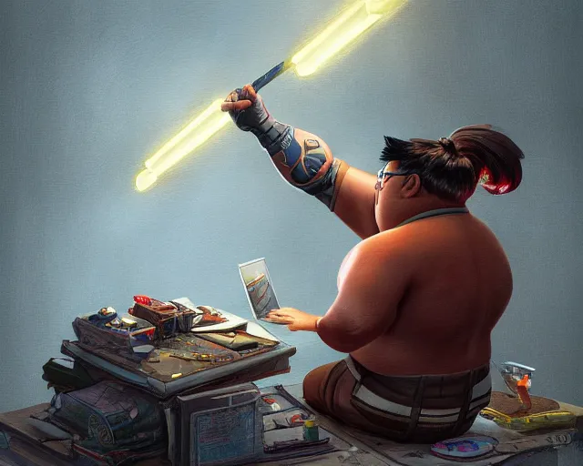 Image similar to an insanely detailed painting of a slightly chubby, nerdy asian man wearing a superhero costume, sitting at a desk, staring at the nervously at the computer and typing, in the style of peter mohrbacher, dramatic lighting and composition, octane render, pixar, trending on artstation, concept art, comic book, view from behind