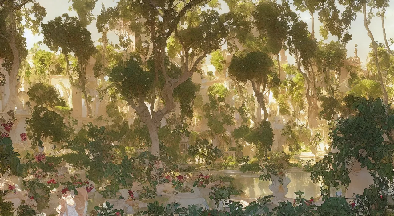 Image similar to A beautiful landscape painting of the the gardens of the real alcazar seville, by Alfons Maria Mucha and Julie Dillon and Makoto Shinkai