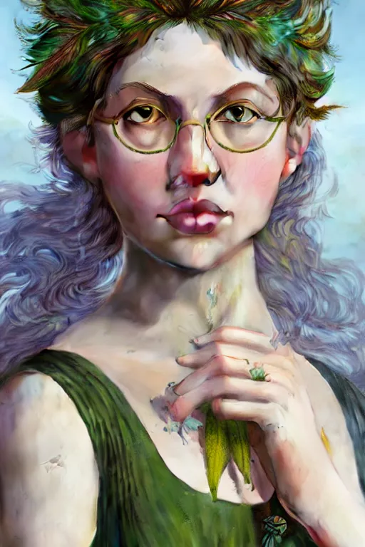 Prompt: a portrait of hannah murray, a gorgeous green haired queen of birds with a tattered dress and glasses, with feather decoration cinematic lighting, photorealistic, octane render, 8 k, depth of field, 3 d, art by artgerm and greg rutkowski and alphonse mucha and uang guangjian and gil elvgren and sachin ten
