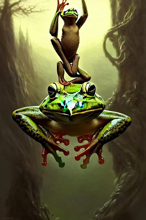 Image similar to a very happy frog, with his hands in the air, fine art, awesome fantasy book cover on Pinterest, award winning, dark fantasy landscape, fantasy magic, intricate, elegant, sharp focus, cinematic lighting, highly detailed, digital painting, concept art, art by WLOP and Artgerm and Greg Rutkowski, masterpiece, trending on artstation, 8K