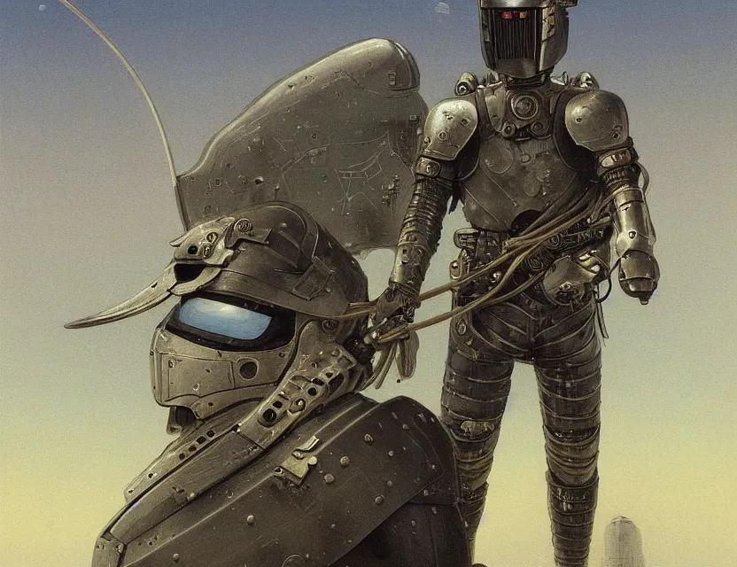 Image similar to a detailed portrait painting of a lone bounty hunter in combat armour and visor. cinematic sci-fi poster. Flight suit and wires, accurate anatomy. Samurai influence, knight influence. fencing armour. portrait symmetrical and science fiction theme with lightning, aurora lighting. clouds and stars. Futurism by moebius beksinski carl spitzweg moebius and tuomas korpi. baroque elements. baroque element. intricate artwork by caravaggio. Oil painting. Trending on artstation. 8k