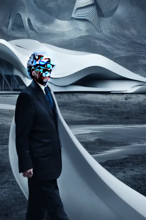 Image similar to a futuristic scene with an log silver haired beautiful mitch mcconnell in a white flowing dress, in front of a zaha hadid building, cinematic matte painting, extreme detail photo quality, dark moody colors, featured on behance