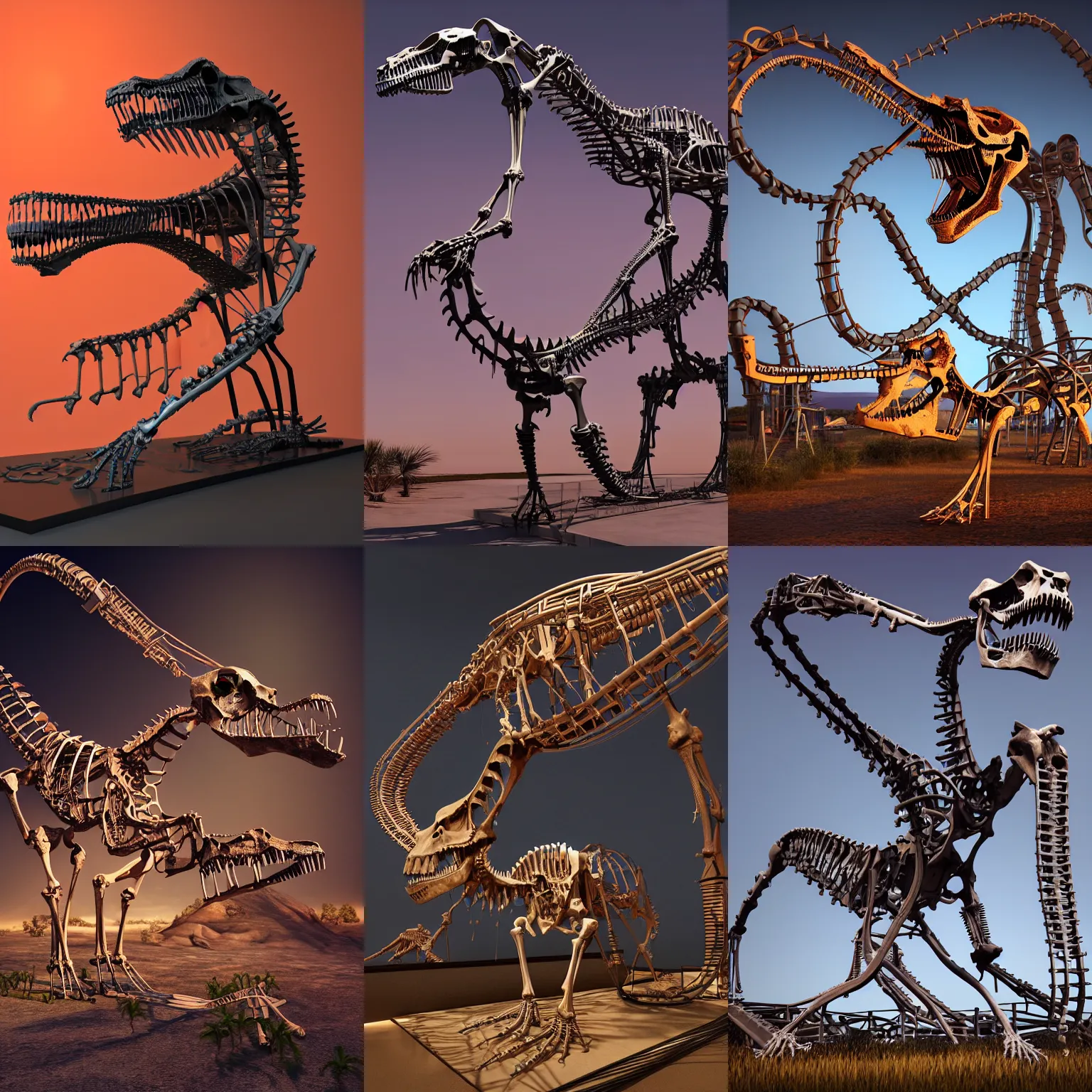 Prompt: Simple bionic exploded drawing dinosaur skeleton sculpture made from rollercoaster, with big chrome tubes, chains organs, by david lachapelle, by angus mckie, by rhads, in a dark empty black studio hollow, c4d, at night, rimlight, rimight, rimlight, c4d, blender donut tutorial, octane