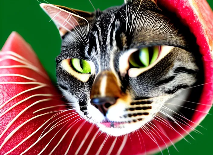 Image similar to photo of a cat wearing a helmet made of a watermelon. fantasy horror style. highly detailed 8 k. intricate. lifelike. soft light. nikon d 8 5 0 5 5 mm. dof. cinematic post - processing.