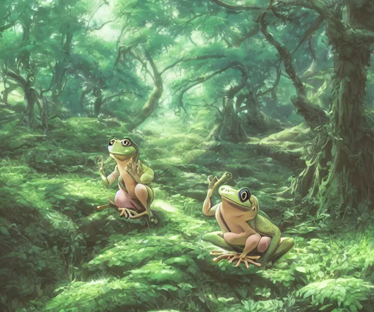 Image similar to frog in a forest, anime fantasy illustration by tomoyuki yamasaki, kyoto studio, madhouse, ufotable, comixwave films, trending on artstation