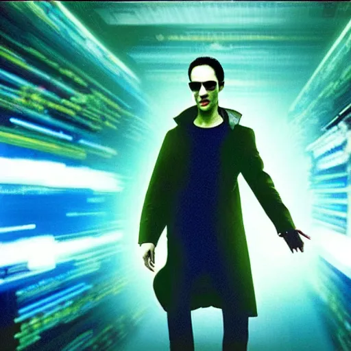 Image similar to prairie dog hacker in a blue-lit room surrounded by computers, still image from movie The Matrix