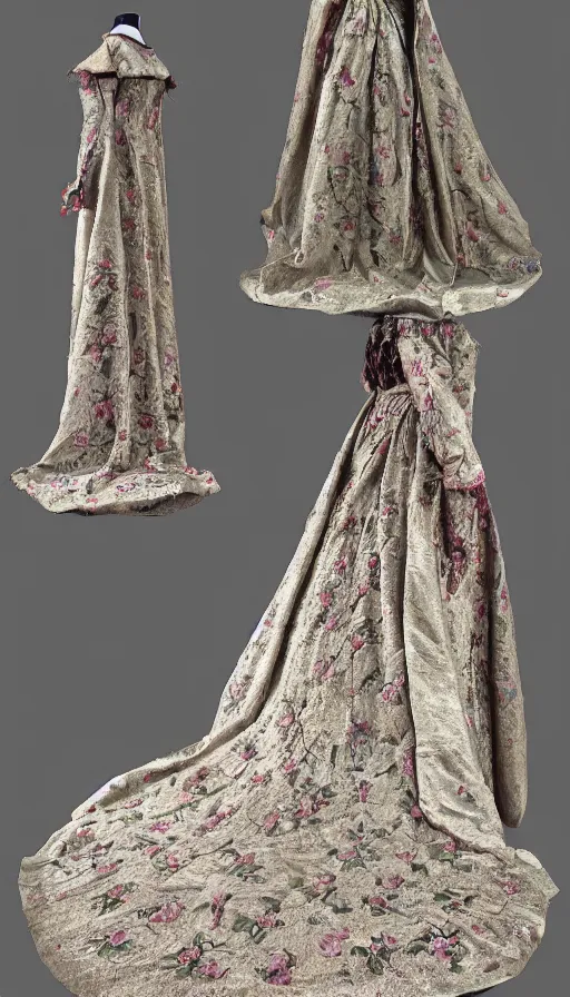 Image similar to long beautiful voluminous medieval court dress with train and embroidered flowers