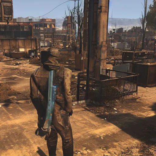 Prompt: Albuquerque, New Mexico in ruins post-nuclear war in Fallout 4, in game screenshot