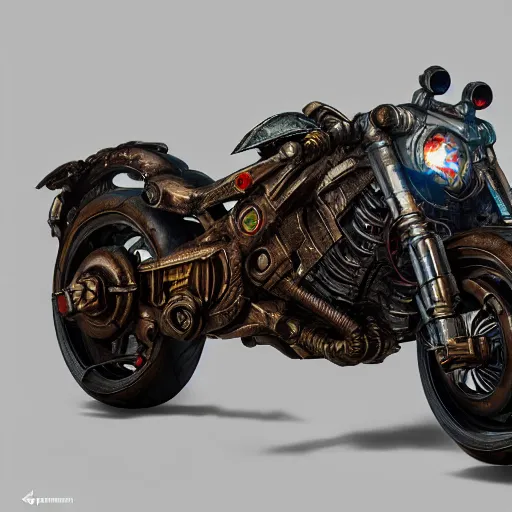 Image similar to battle motorcycle, cyberpunk, kinetic armor, hyper detailed, digital art, trending in artstation, cinematic lighting, smooth render, unreal engine 5 render, octane render, art style by akira and klimt and nixeu and ian sprigger and wlop and krenz cushart