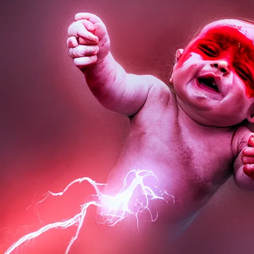 Prompt: a baby being ripped apart limb by limb, screaming in pain, red mist, hyper graphic