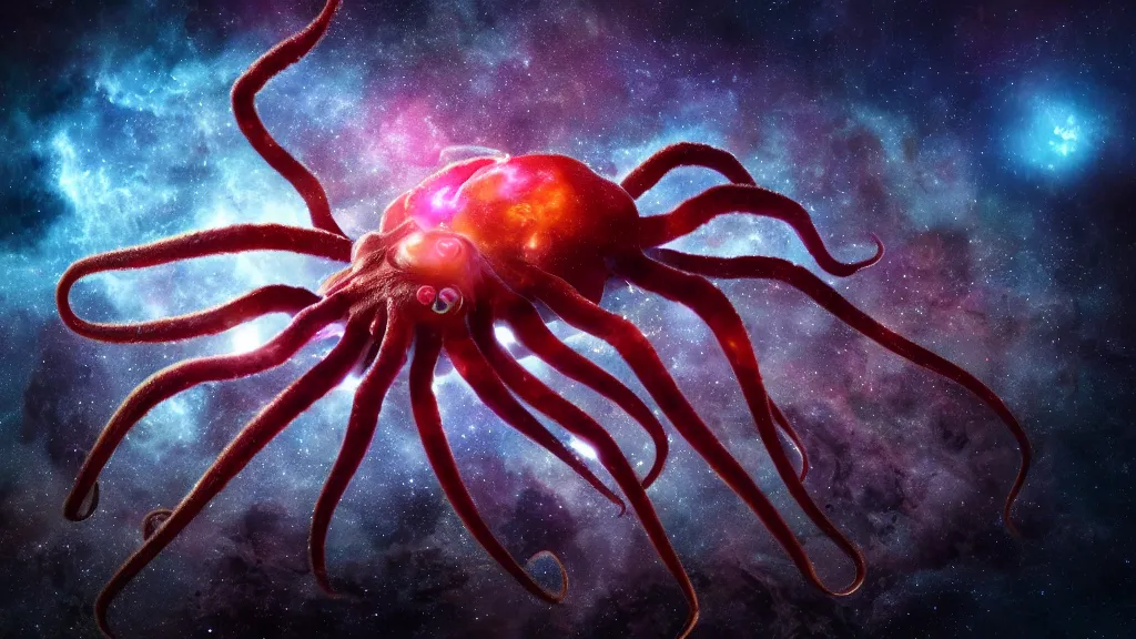 Image similar to spider octopus hybrid on a planet. close bottom view. whole body. nebula background. cinematic composition. cinematic lightning. ultra realistic. 8 k. highly detailled. deep space. ultra realistic details. cinematic atmosphere. studio lighting. shadows. dark background.