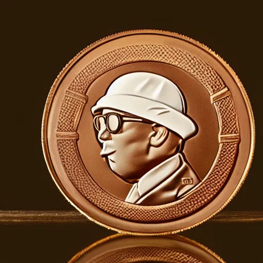 Image similar to A photograph of an unwrapped chocolate coin that is engraved with a portrait of a young leon redbone smoking a cigar and wearing a greek fisherman cap, highly detailed, close-up product photo, depth of field, sharp focus, soft lighting