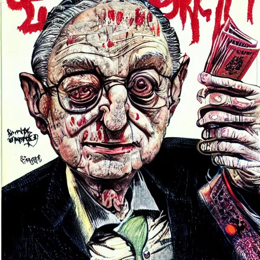 Image similar to George Soros full body shot, dollar bills Body horror, biopunk, by Ralph Steadman, Francis Bacon, Hunter S Thompson