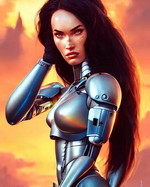 Image similar to weta disney pixar movie still portrait photo of megan fox as cyborg woman by pixar, by weta, wlop, ilya kuvshinov, rossdraws, artgerm, maxim cover, latex, sweaty, iridescent, bright morning, anime, liosh, mucha