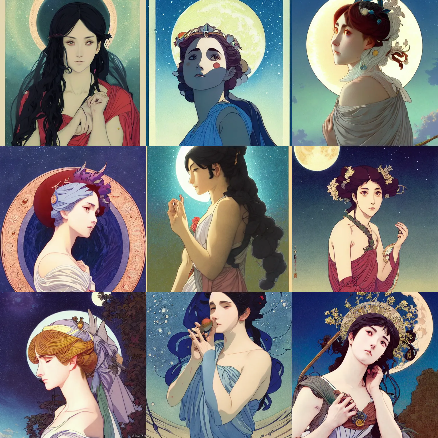 Prompt: the moon queen gazing longingly at earth, finely illustrated face, highly detailed, colored pencil, studio ghibli, tankobon, in the style of ilya kuvshinov and krenz cushart and william - adolphe bouguereau and alphonse mucha