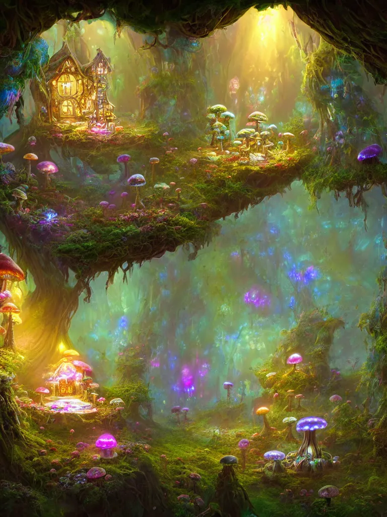 Image similar to the interior of a celestial dainty fairy cottage in a bioluminescent tree trunk decorated beautifully, lots of cyberpunk design elements like toadstool mushrooms and small robots, warm sunlight shining in, lots of plants and flowers, concept art 8 k resolution, fantasy illustration, sharp focus, detailed painting, deep color, volumetric lighting, crepuscular rays