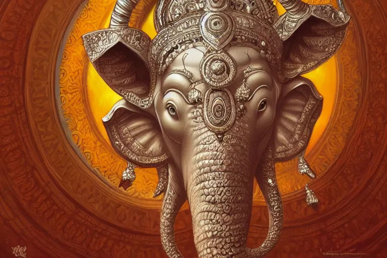 Image similar to rhodium ganesha, mandala, fantasy, intricate, elegant, highly detailed, digital painting, artstation, concept art, matte, sharp focus, illustration, art by artgerm and greg rutkowski and alphonse mucha