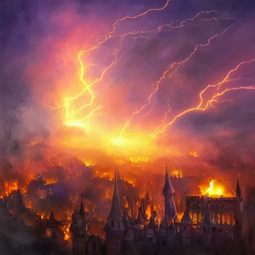 Image similar to A photo of a million sorcerers holding torches attacking magic castle under siege, fire from sky, blue lightnings, dramatic purple thunders, golden meteors, war, dramatic shadows, powerful photo, magic, dramatic lighting, intricate, wild, highly detailed, digital painting, artstation, concept art, smooth, sharp focus, illustration, art by artgerm and greg rutkowski and alphonse mucha, footage