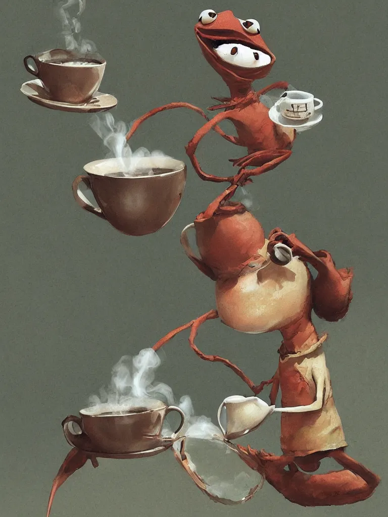 Image similar to kermit offers a cup of fresh steaming coffee, serene illustration, by Yoshita Amano, by Esao Andrews, sharp focus, fresh colors, conceptart, trending on artstation