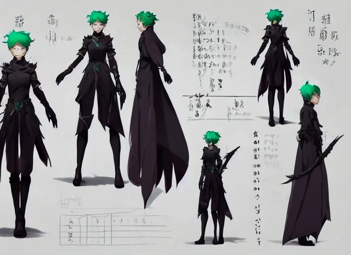 Image similar to character sheet for a beautiful and cute girl for genshin impact by greg rutkowski, black to light green fade hair, genshin impact style, sorcerer magic witch, by studio ghibli, digital art, trending on artstation, hd, 8 k, highly detailed, good lighting, beautiful, masterpiece