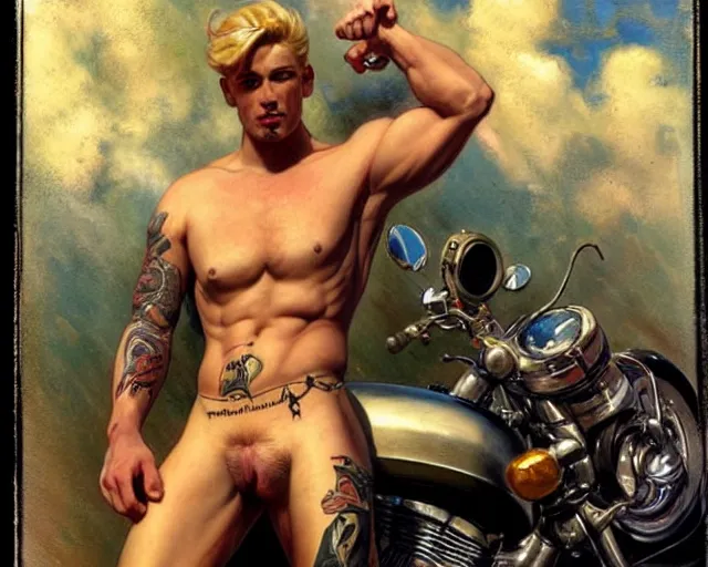 Image similar to handsome tattooed blonde gym bro next to a motorcycle, cool colors, hard angles, painting by gaston bussiere, craig mullins, j. c. leyendecker, tom of finland