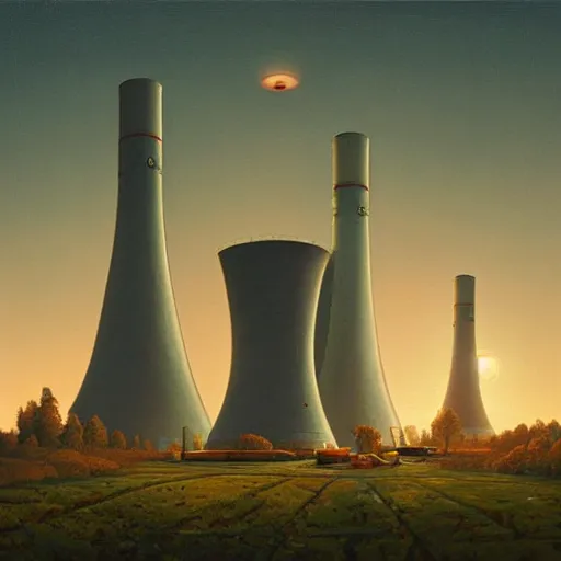 Prompt: highly detailed scene, artstation style, artstation form, A nuclear power plant in utopia by Simon Stålenhag and Grant Wood, oil on canvas