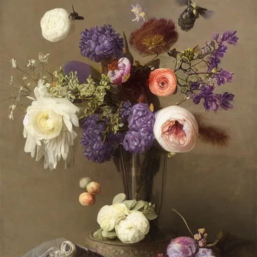 Prompt: still - life of bouquet of lilac and ranunculus with honeycomb bees and birds feathers, rachel ruysch, dark, moody