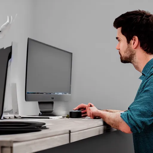 Image similar to human sitting in front of computer, but human is dinosaur, vray, 5 5 mm