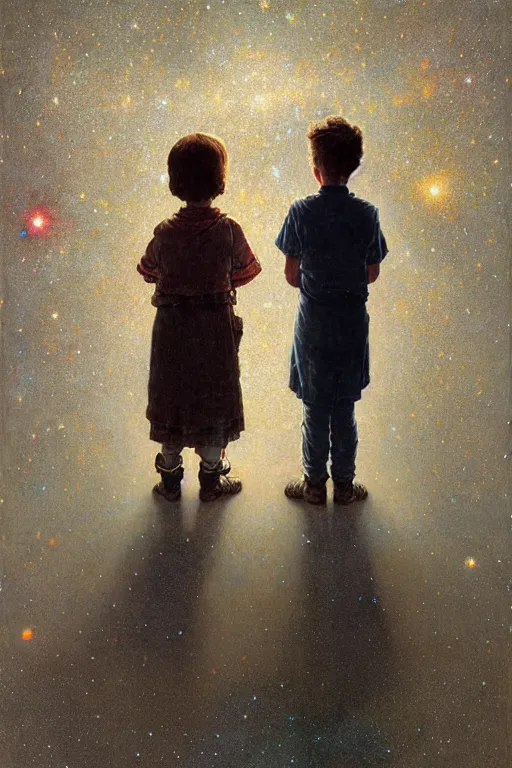 Image similar to a 5 year old boy and 1 2 year old girl looking at a wall and viewing the universe full of galaxies, part by norman rockwell, part by greg rutkowski, part by mattias adolfsson, high angle, ( ( ( ( volumetric lighting ) ) ) ), oil on canvas