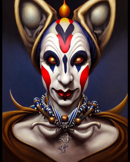 Prompt: front shot of a jester harlequin mastermind character, intricate, elegant, highly detailed, centered, (((artstation, concept art, smooth, sharp focus, artgerm, Tomasz Alen Kopera, Peter Mohrbacher, donato giancola, Joseph Christian Leyendecker, WLOP, Boris Vallejo))), mugshot!!!!!, ugly!!!!!!, octane render, nvidia raytracing demo, grainy, muted