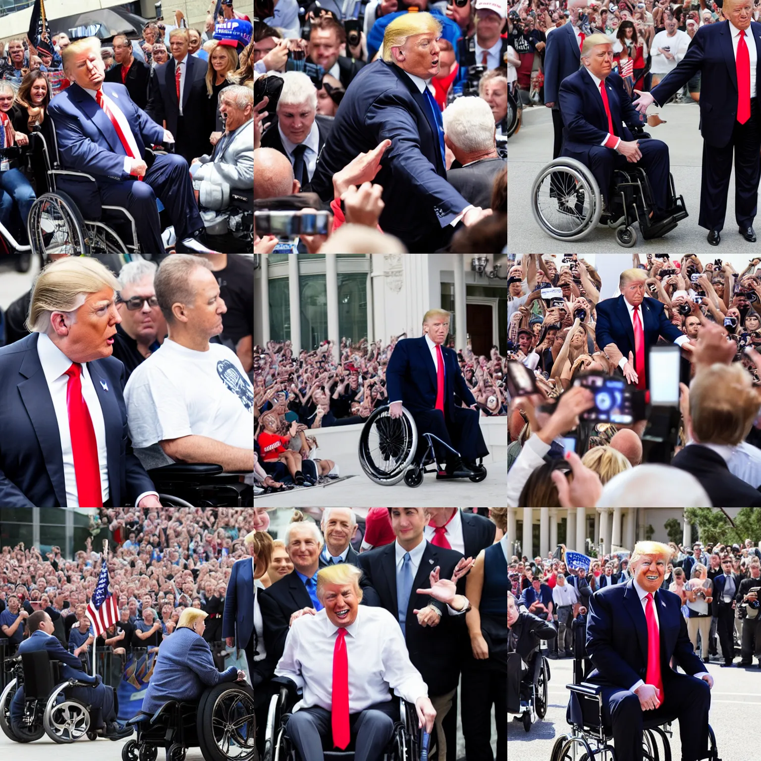 Prompt: donald trump in a wheelchair around a few people, photograph, high resolution, attractive face