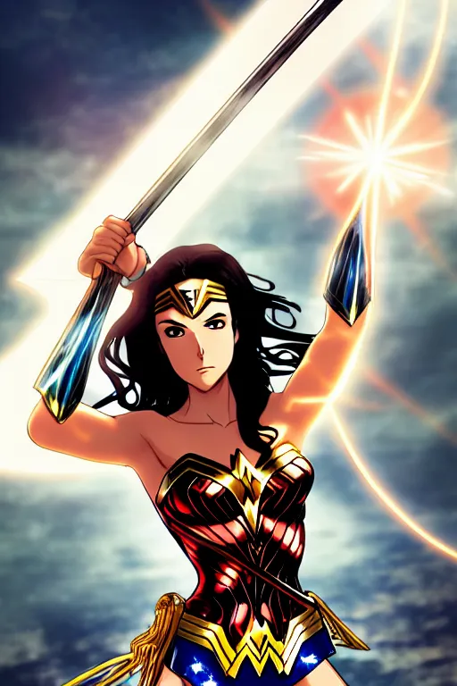 Prompt: Anime key visual of Wonder Woman holding her sword in the air with a beam of light shining on it, intricate, magical island, stunning, digital painting, artstation, illustration, graphic design, soft lighting, sword reflection, ethereal